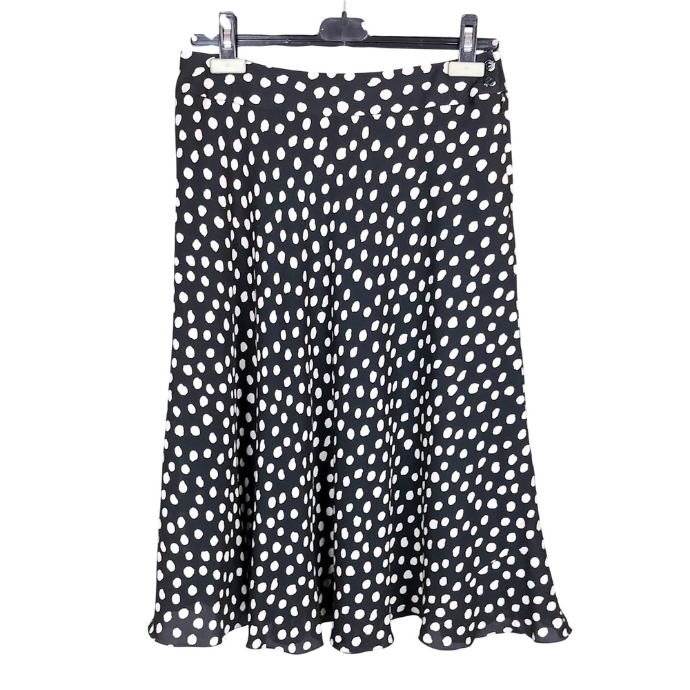 Polka Dot Silk Skirt Midi Size 10 Black Cream A-Line Jones New York